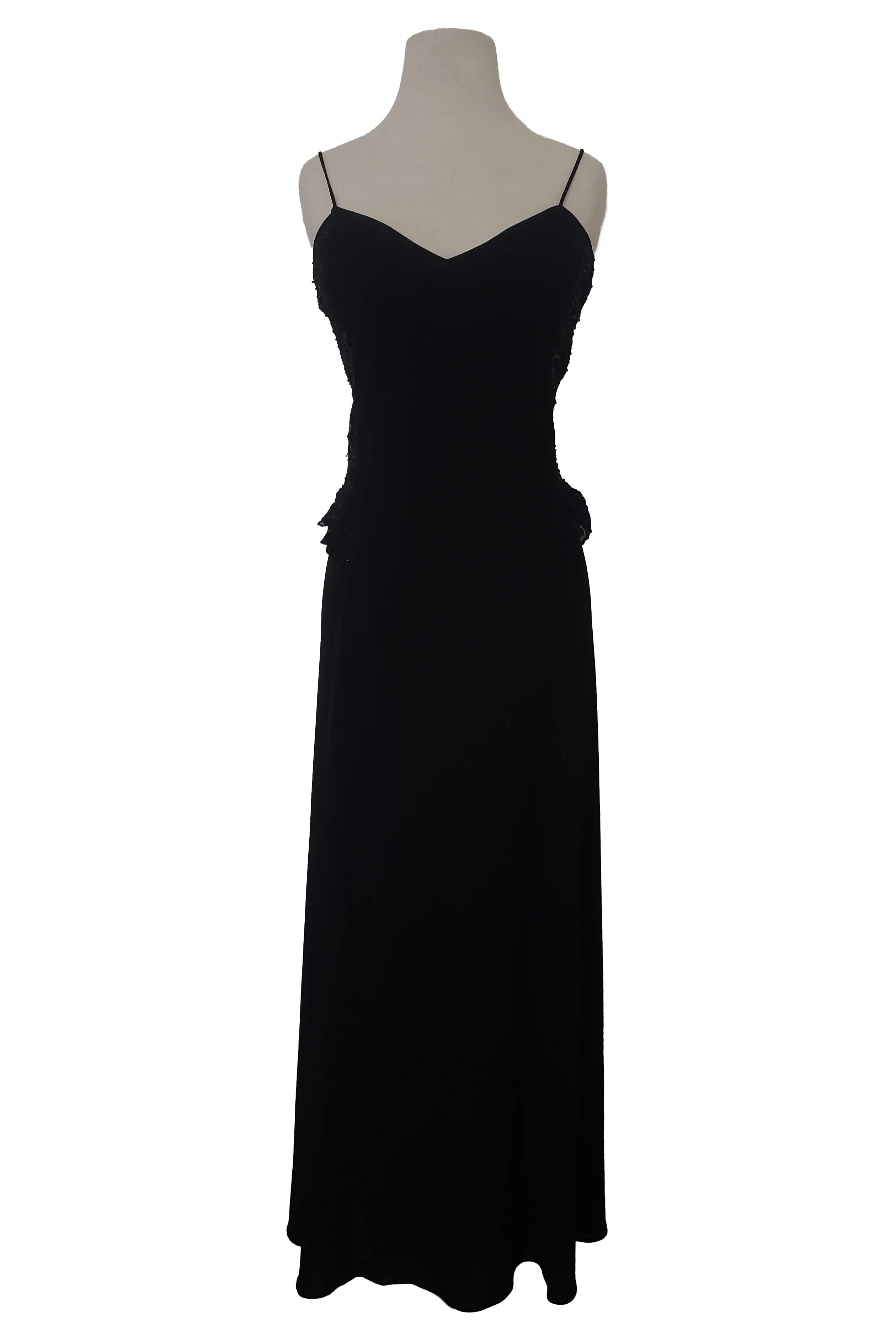 1990s Vintage Black Beaded Lace Back Maxi Dress by Laundry, Shelli Segal, Small to Medium