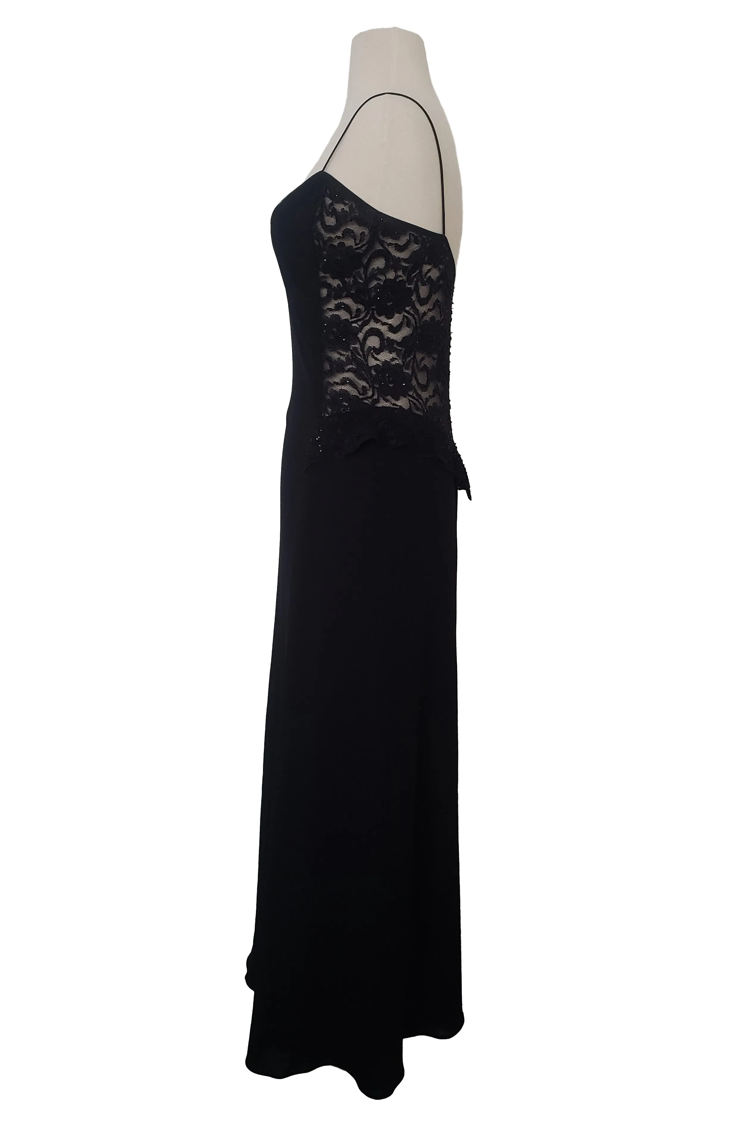 1990s Vintage Black Beaded Lace Back Maxi Dress by Laundry, Shelli Segal, Small to Medium