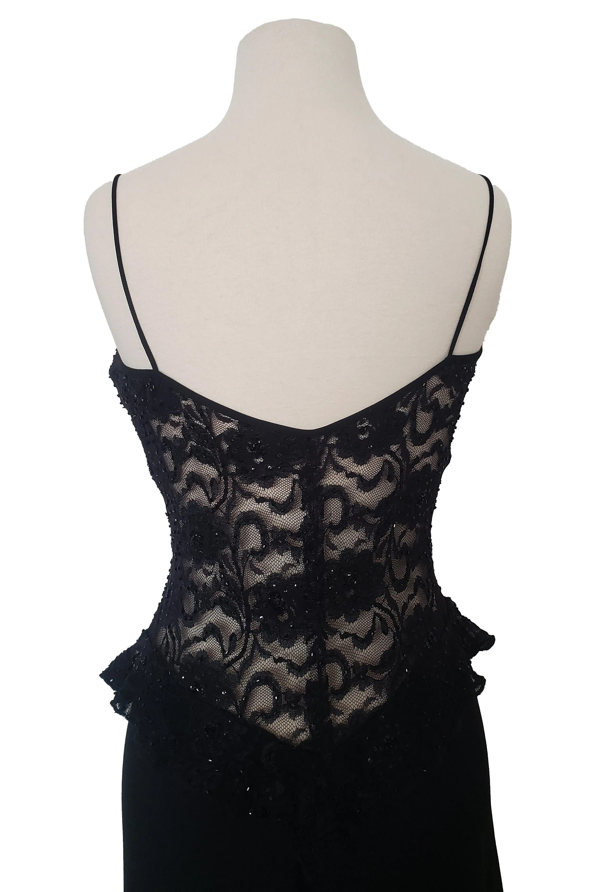 1990s Vintage Black Beaded Lace Back Maxi Dress by Laundry, Shelli Segal, Small to Medium