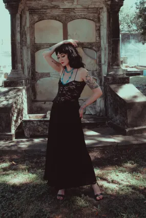 1990s Vintage Black Beaded Lace Back Maxi Dress by Laundry, Shelli Segal, Small to Medium