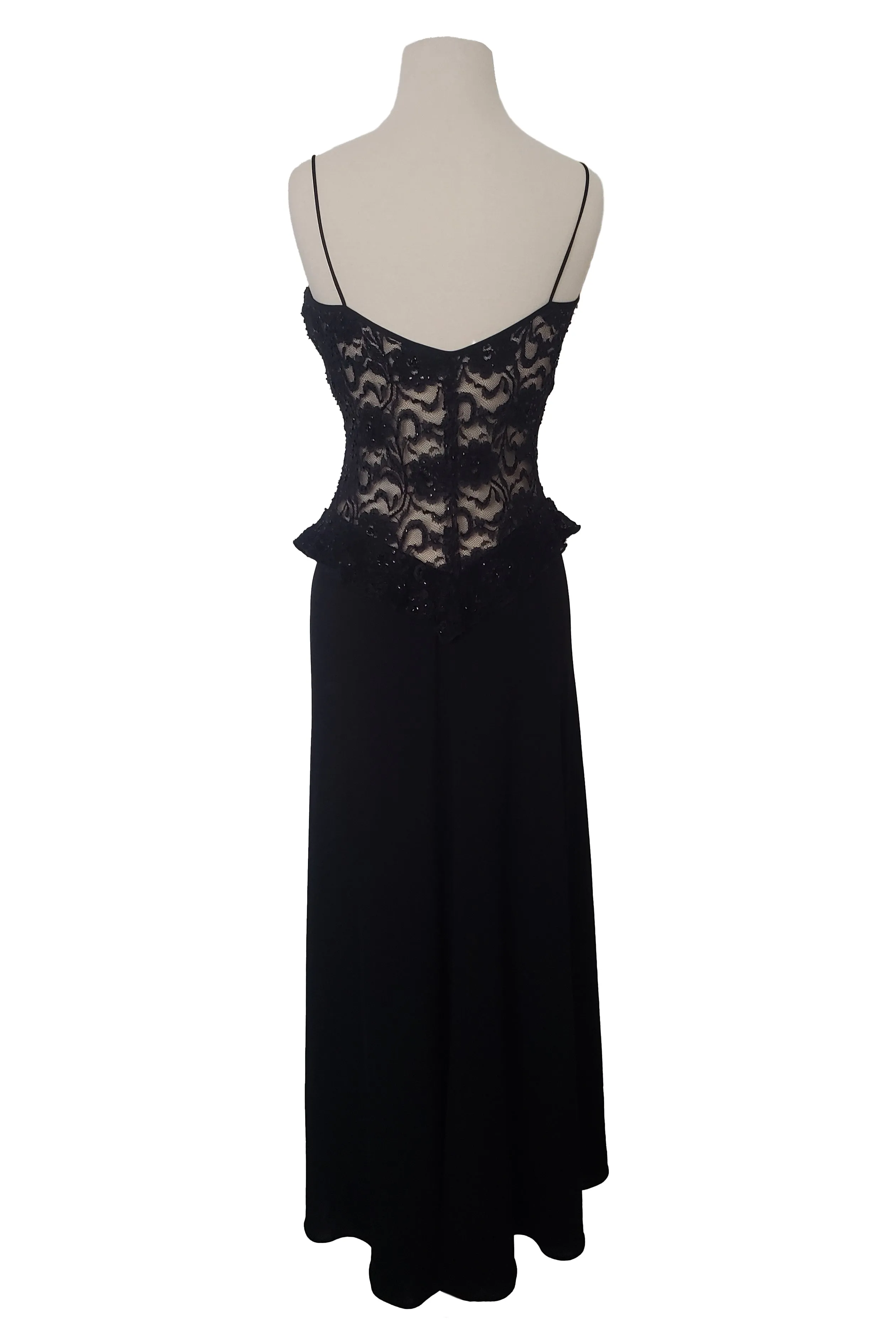 1990s Vintage Black Beaded Lace Back Maxi Dress by Laundry, Shelli Segal, Small to Medium