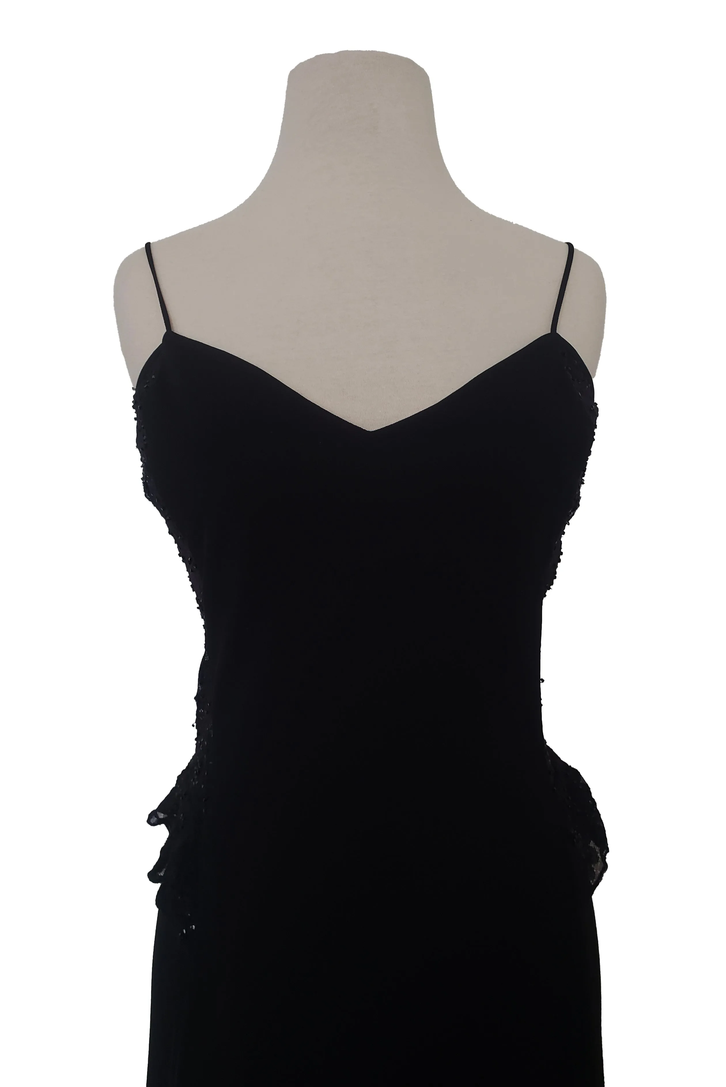 1990s Vintage Black Beaded Lace Back Maxi Dress by Laundry, Shelli Segal, Small to Medium