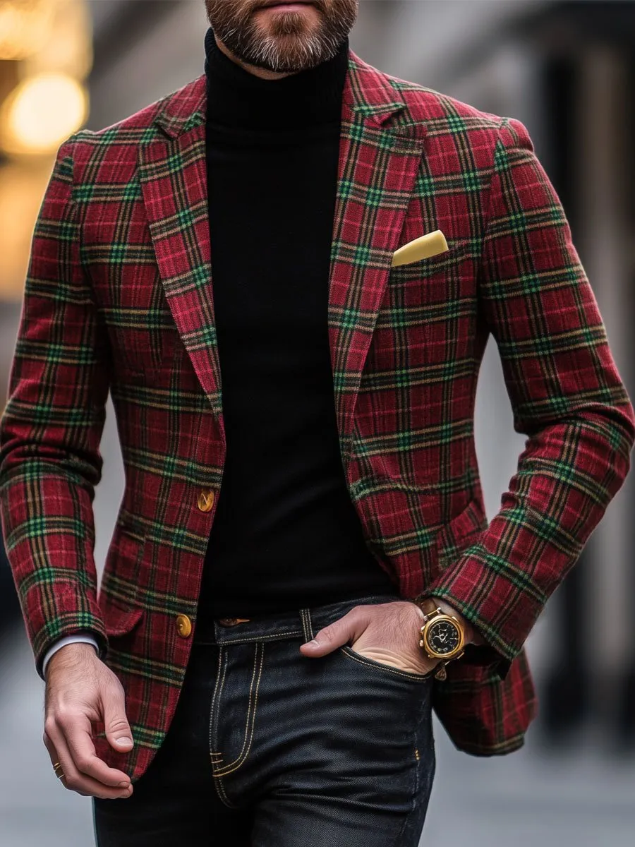 【24-hour shipping】Men's Plaid Lapel Single Breasted Festive Casual Blazer