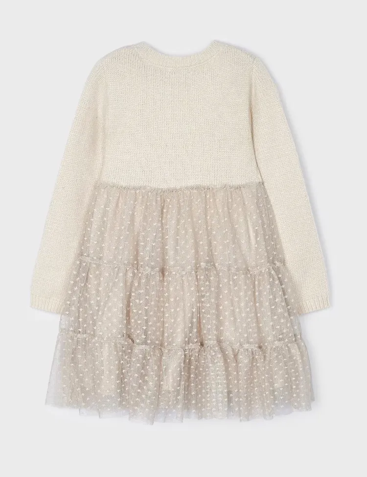 4912 Mayoral Mini Girls Eco Dressy Knit & Tulle Combined Dress - Ivory