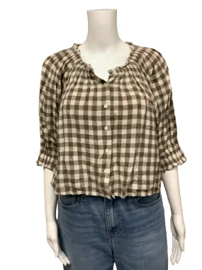 A Piece A Part Button Up Check Print Linen Top Size: M