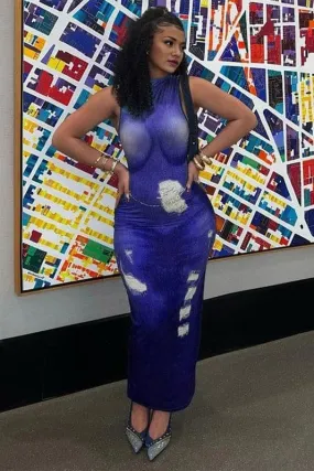 BA185 Sleeveless Long Graphic Dress