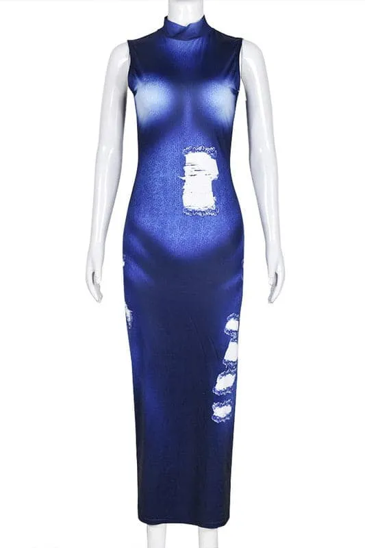 BA185 Sleeveless Long Graphic Dress