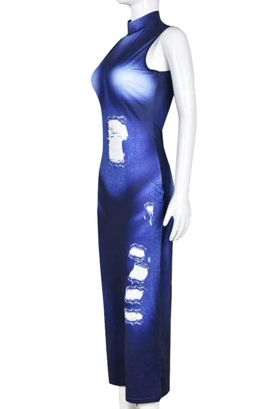 BA185 Sleeveless Long Graphic Dress