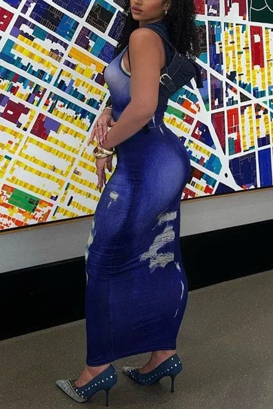 BA185 Sleeveless Long Graphic Dress
