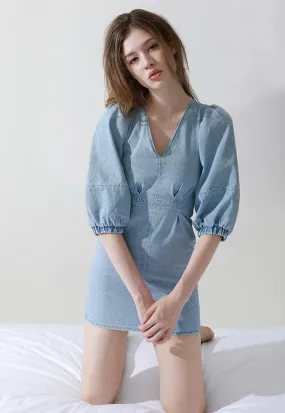 BC660 Balloon Sleeves Denim Dress