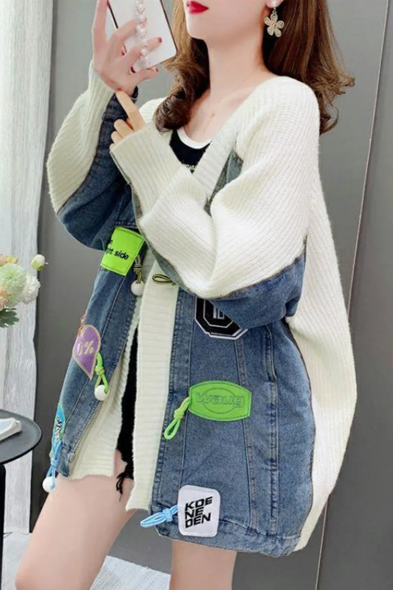 CI0396 Denim Mixed Knit Cardigan