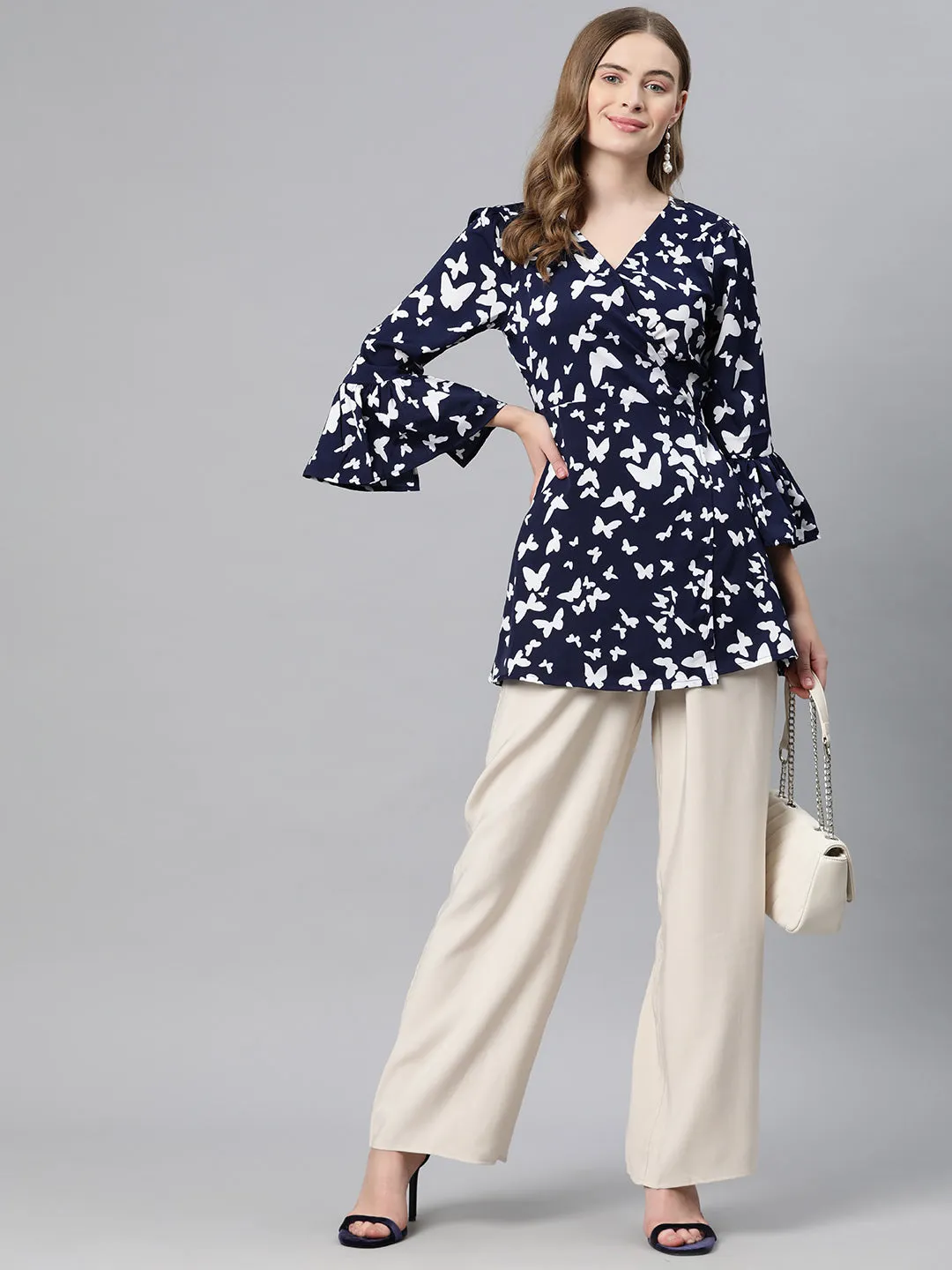 Cottinfab Conversational Print Bell Sleeve Crepe Wrap Longline Top