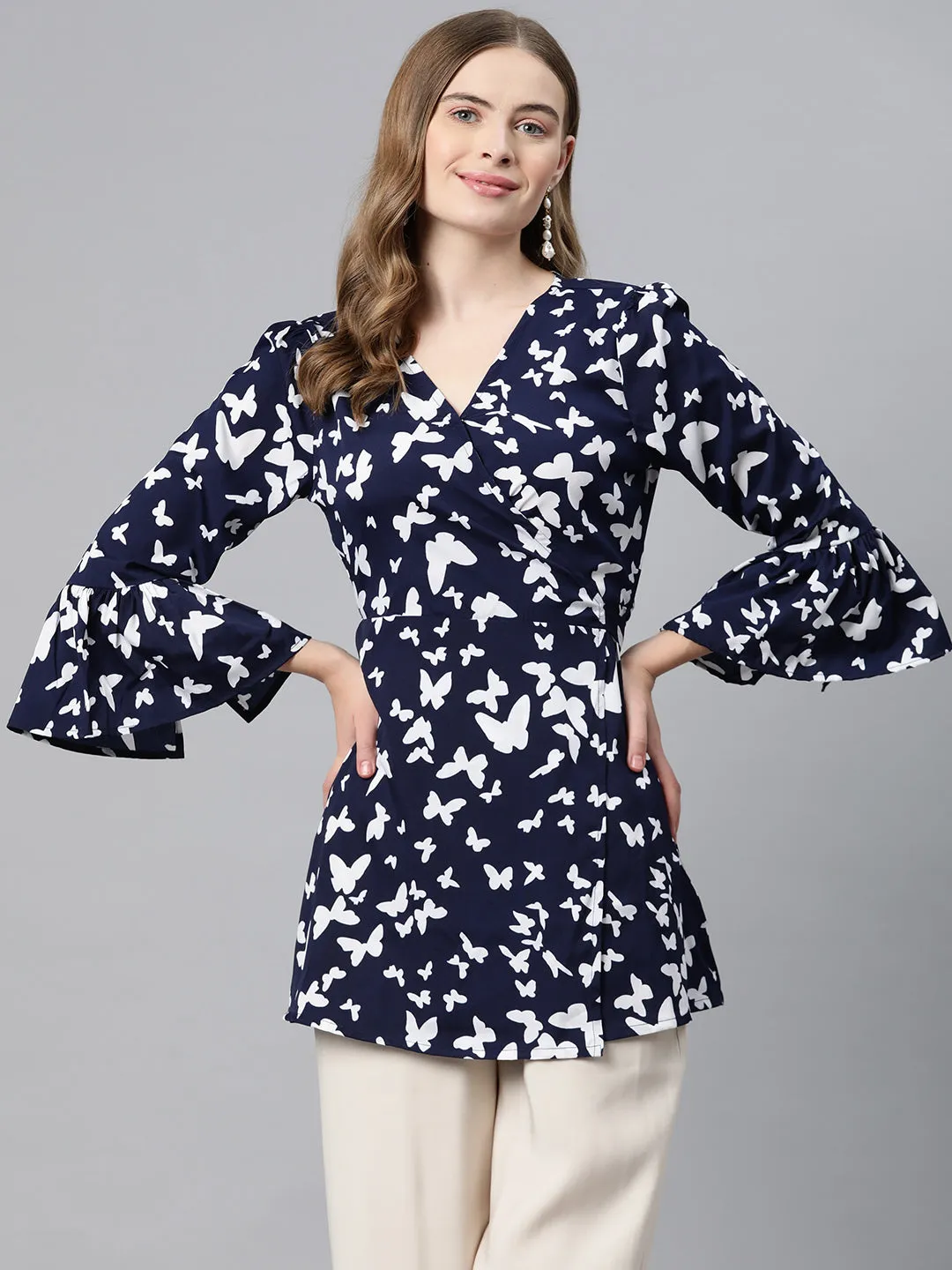 Cottinfab Conversational Print Bell Sleeve Crepe Wrap Longline Top