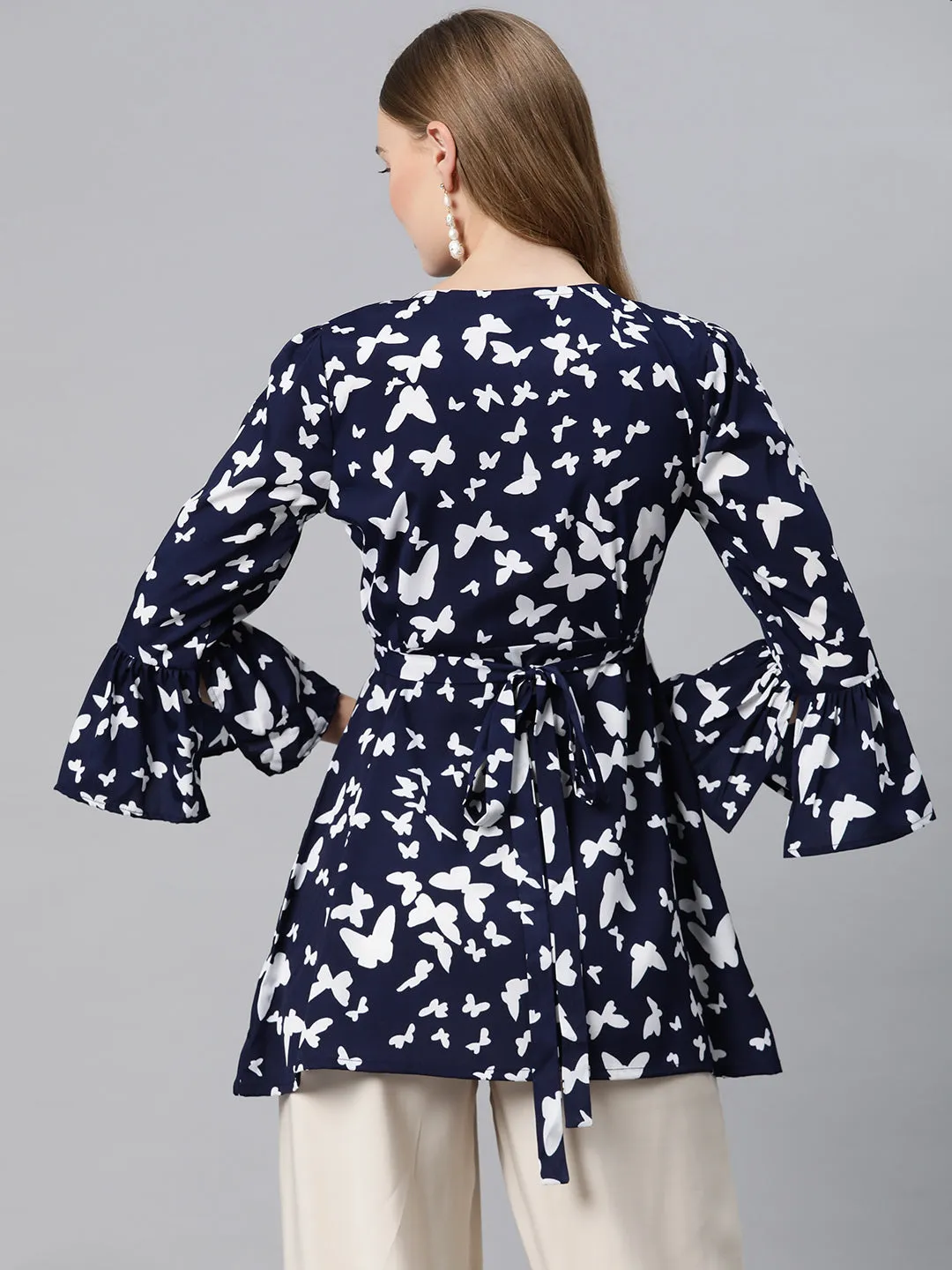 Cottinfab Conversational Print Bell Sleeve Crepe Wrap Longline Top