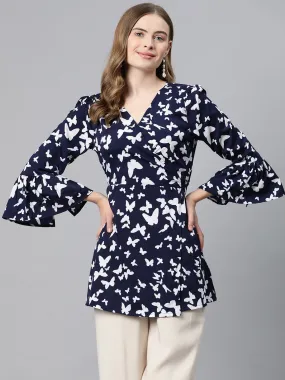 Cottinfab Conversational Print Bell Sleeve Crepe Wrap Longline Top