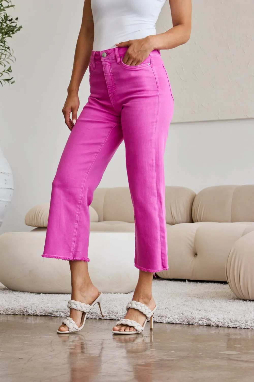 Full Size Tummy Control High Waist Raw Hem Jeans Pink Rouge