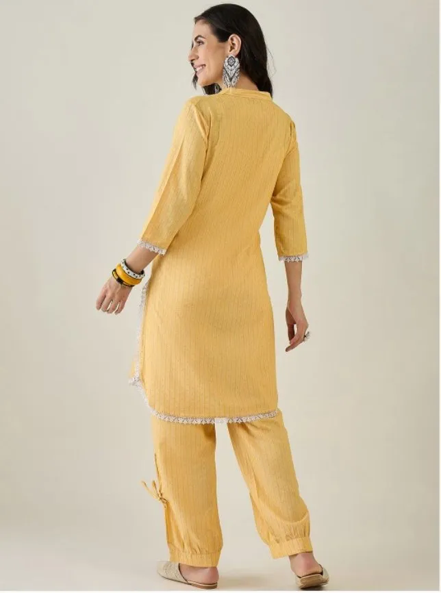 Geometric Printed Mandarin Collar Lace Detail Pure Cotton Kurta With Trouser