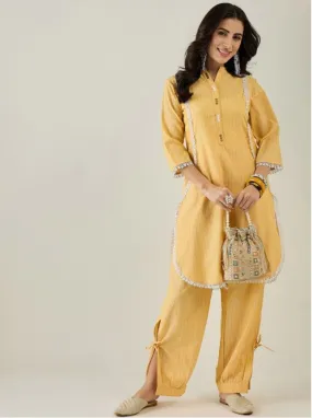 Geometric Printed Mandarin Collar Lace Detail Pure Cotton Kurta With Trouser