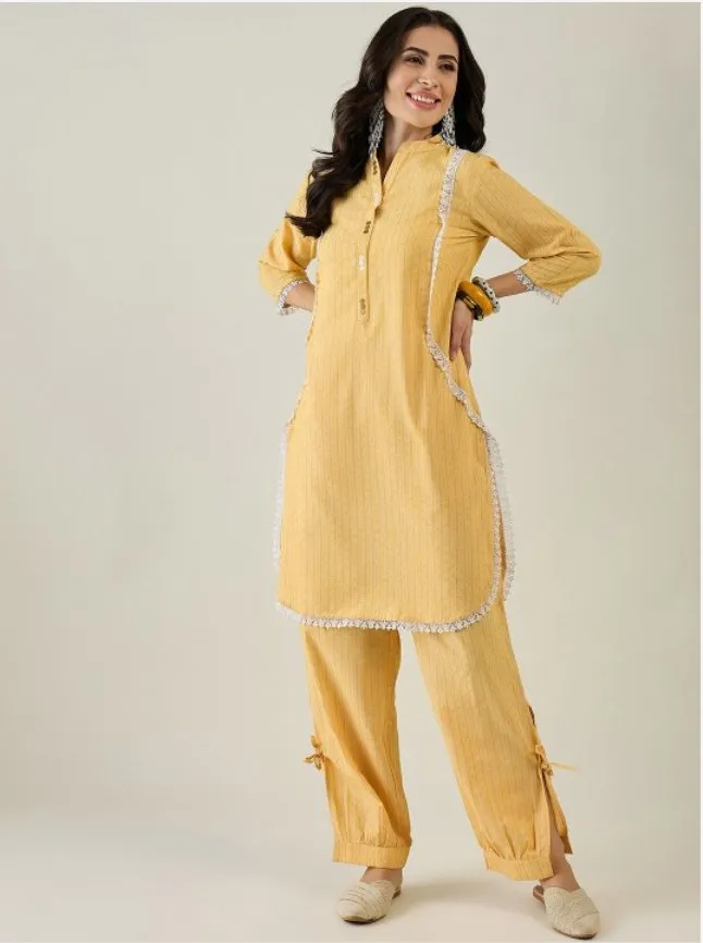 Geometric Printed Mandarin Collar Lace Detail Pure Cotton Kurta With Trouser