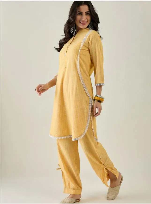 Geometric Printed Mandarin Collar Lace Detail Pure Cotton Kurta With Trouser