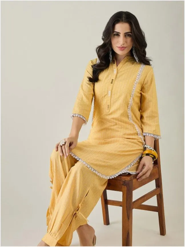 Geometric Printed Mandarin Collar Lace Detail Pure Cotton Kurta With Trouser