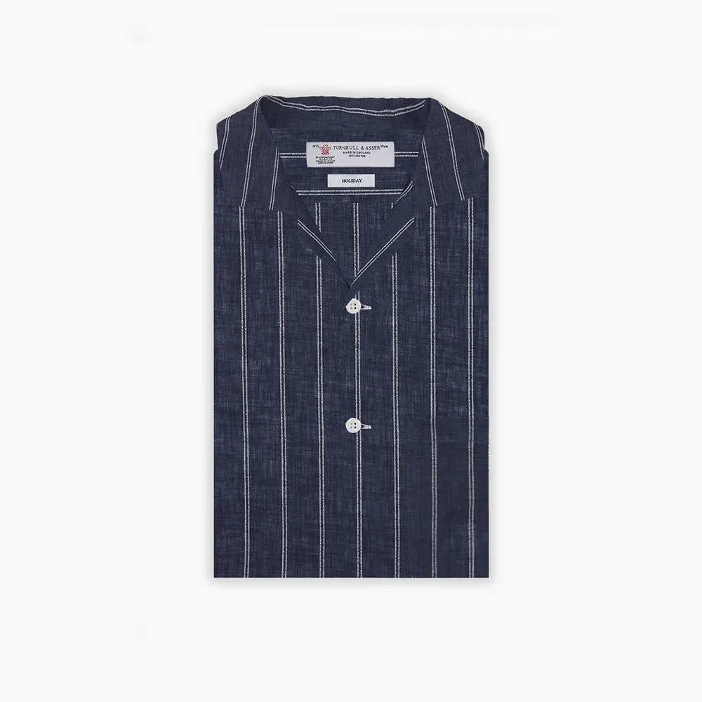 Holiday Fit Stripe Linen Short Sleeve Shirt with Revere Collar