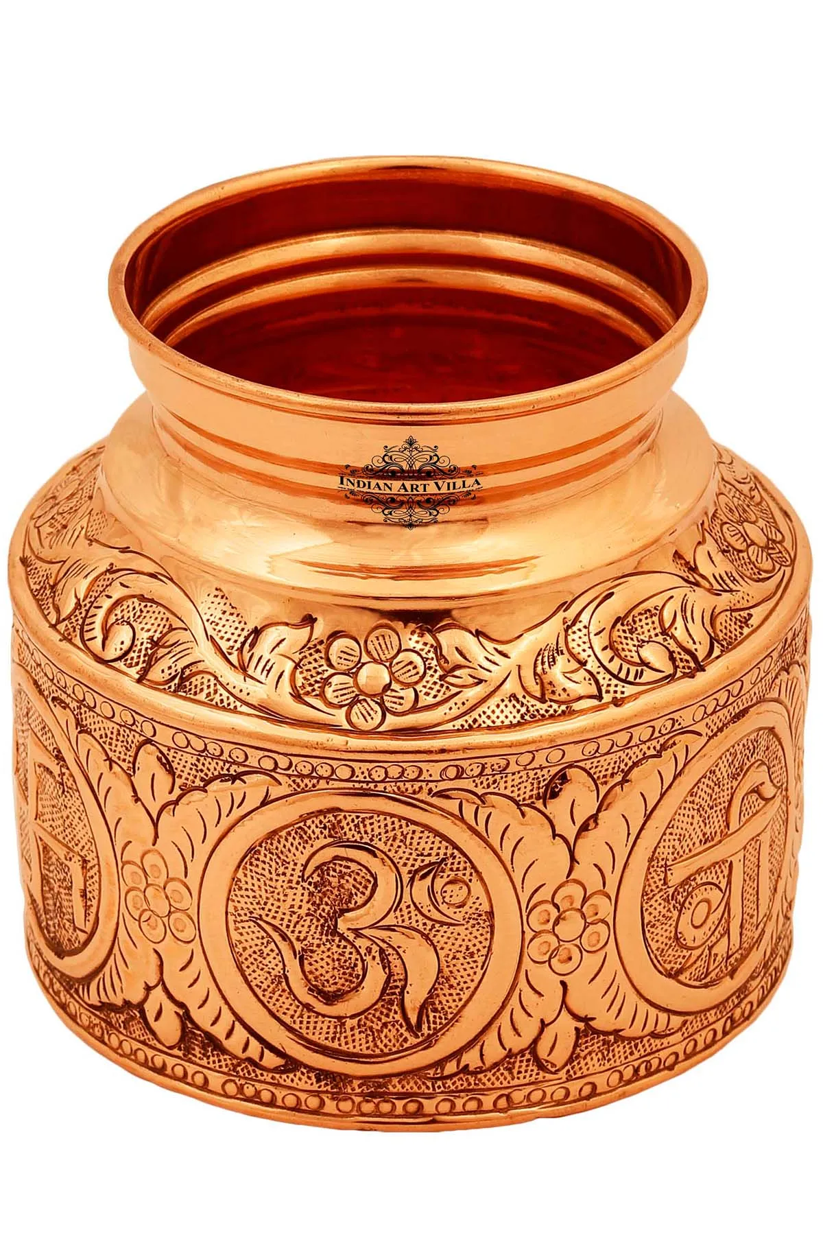 Indian Art Villa Handcrafted Pure Copper Om Swasthik Shree Design Lota For Spiritual & Puja