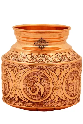 Indian Art Villa Handcrafted Pure Copper Om Swasthik Shree Design Lota For Spiritual & Puja
