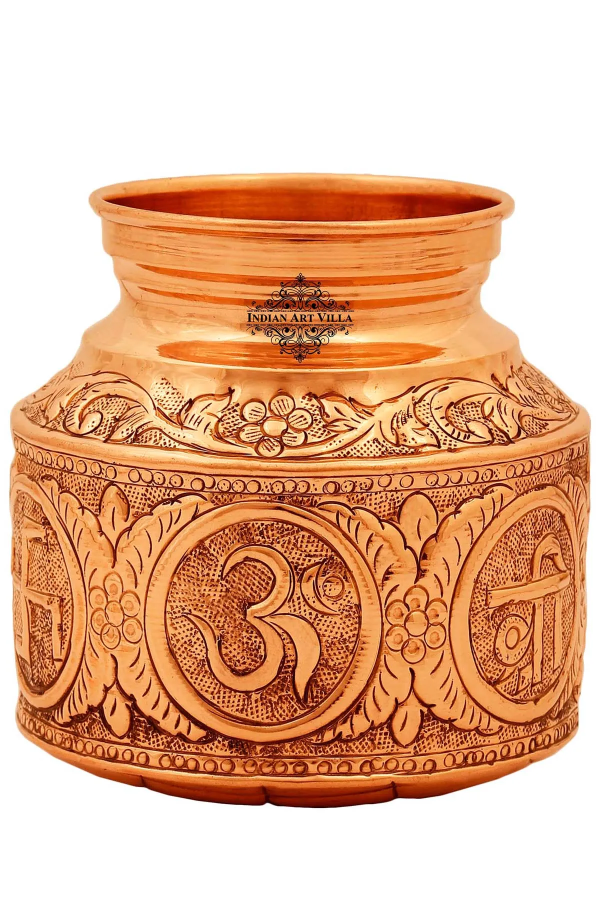Indian Art Villa Handcrafted Pure Copper Om Swasthik Shree Design Lota For Spiritual & Puja