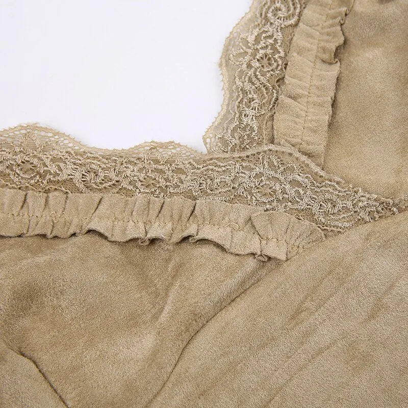 Khaki V Neck Lace Sleeveless Top