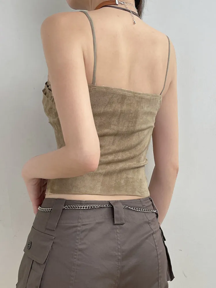 Khaki V Neck Lace Sleeveless Top