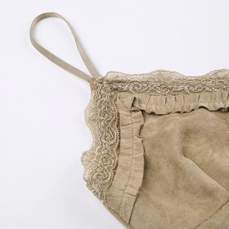 Khaki V Neck Lace Sleeveless Top
