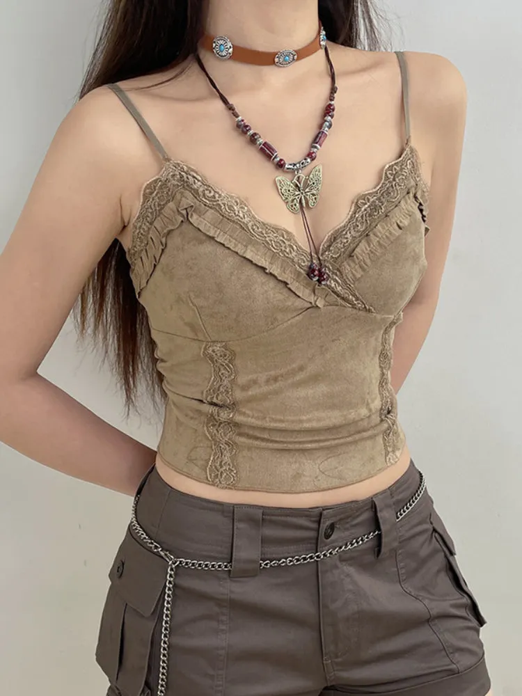 Khaki V Neck Lace Sleeveless Top
