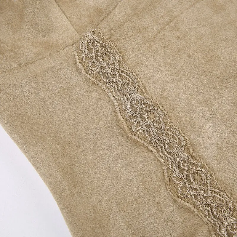 Khaki V Neck Lace Sleeveless Top