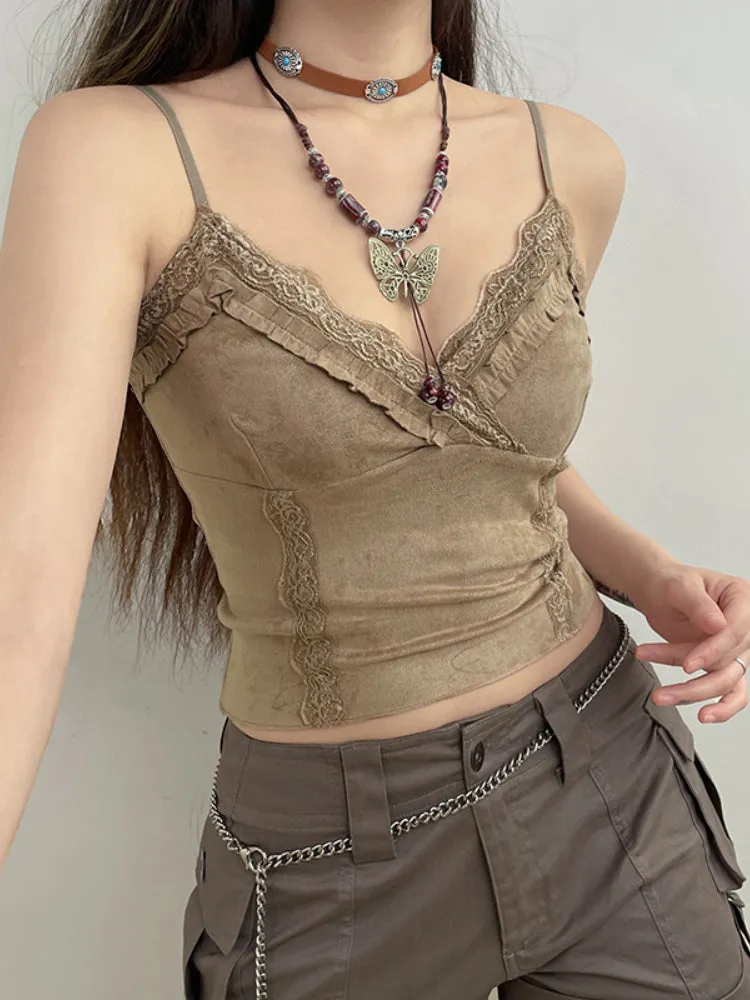 Khaki V Neck Lace Sleeveless Top