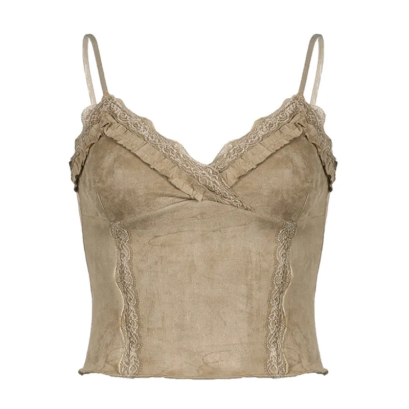 Khaki V Neck Lace Sleeveless Top