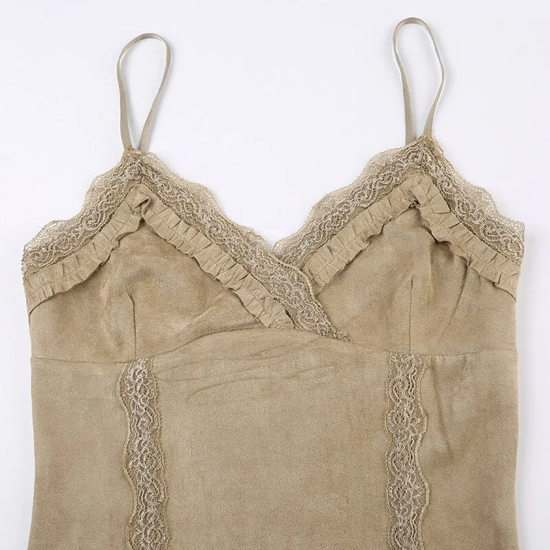 Khaki V Neck Lace Sleeveless Top