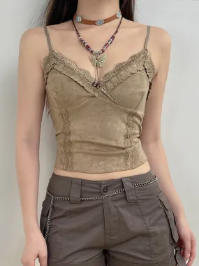 Khaki V Neck Lace Sleeveless Top