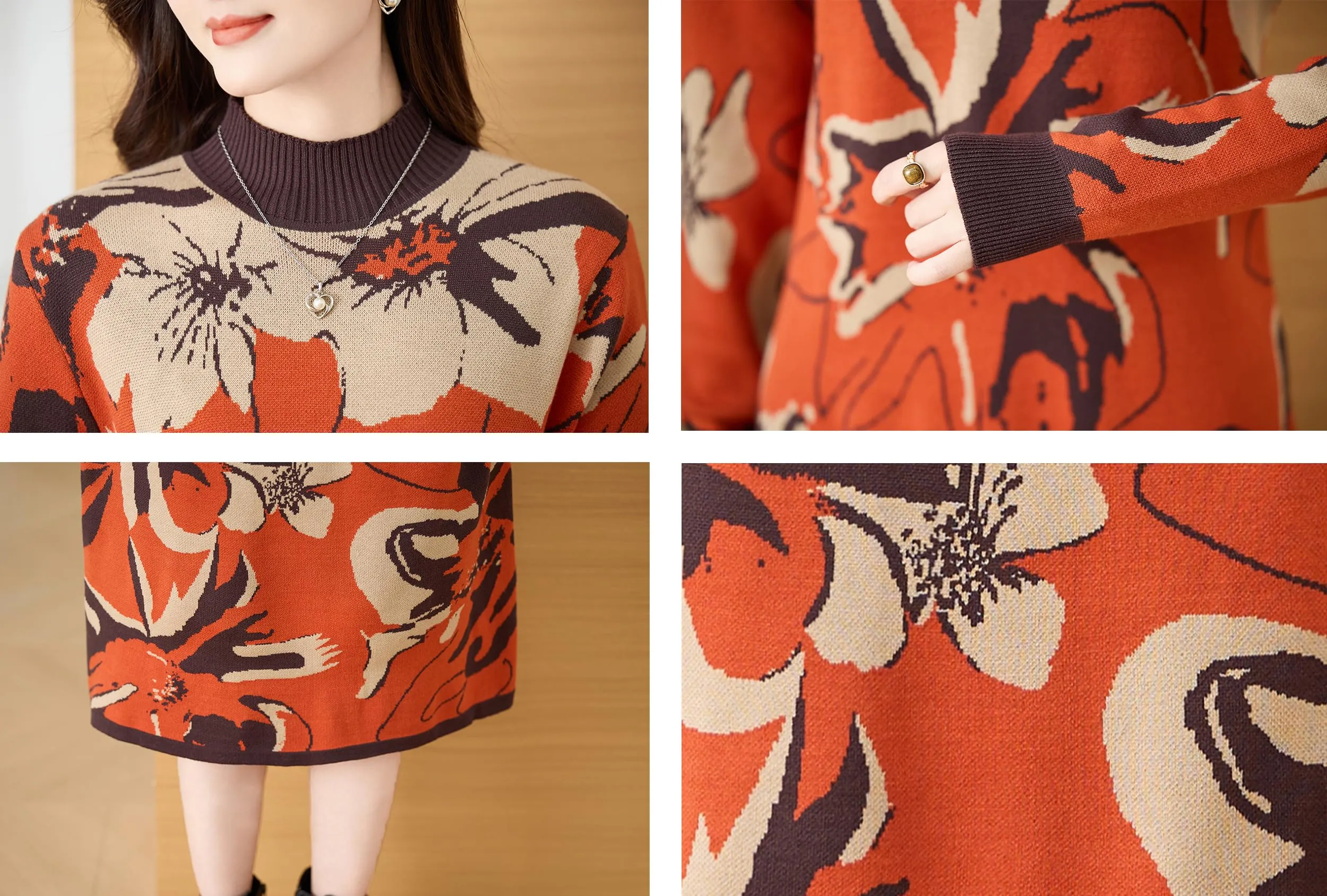 Knit Floral Pullover Elegant Winter Midi Dress