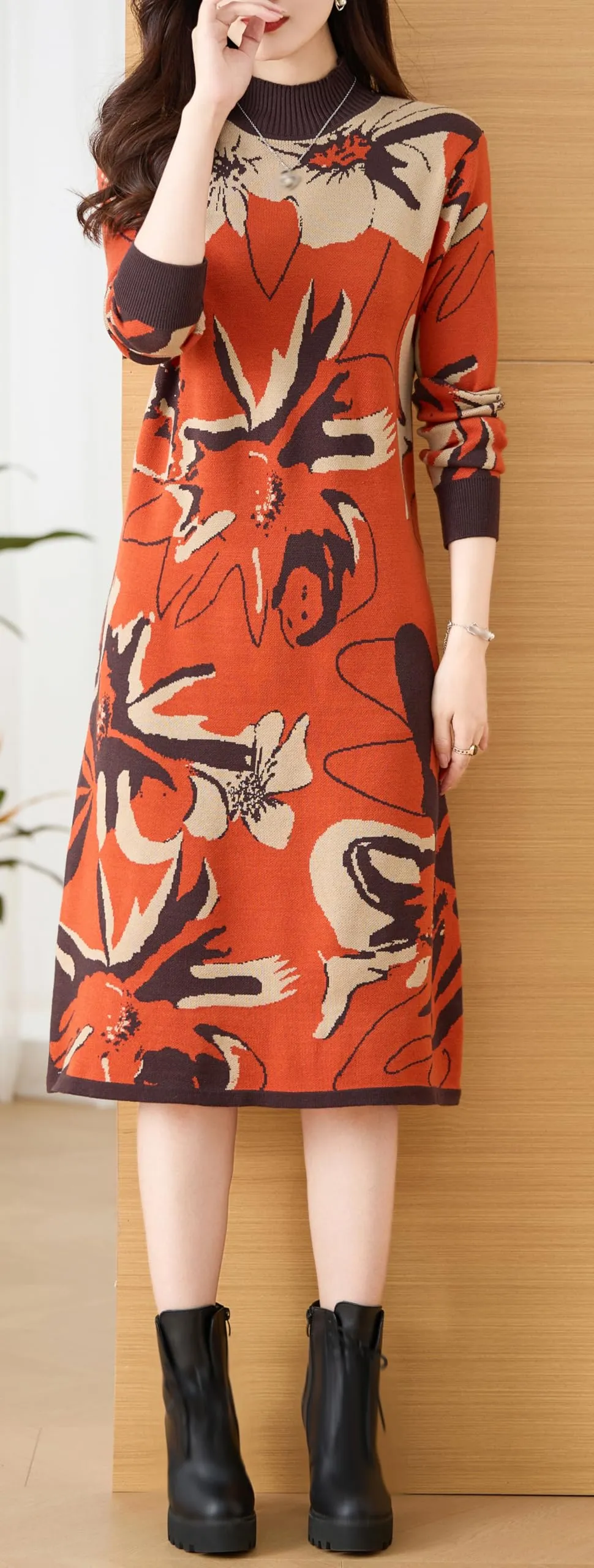 Knit Floral Pullover Elegant Winter Midi Dress