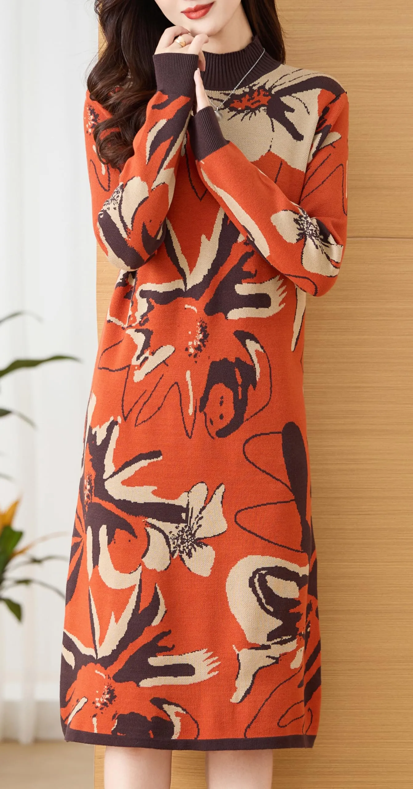 Knit Floral Pullover Elegant Winter Midi Dress