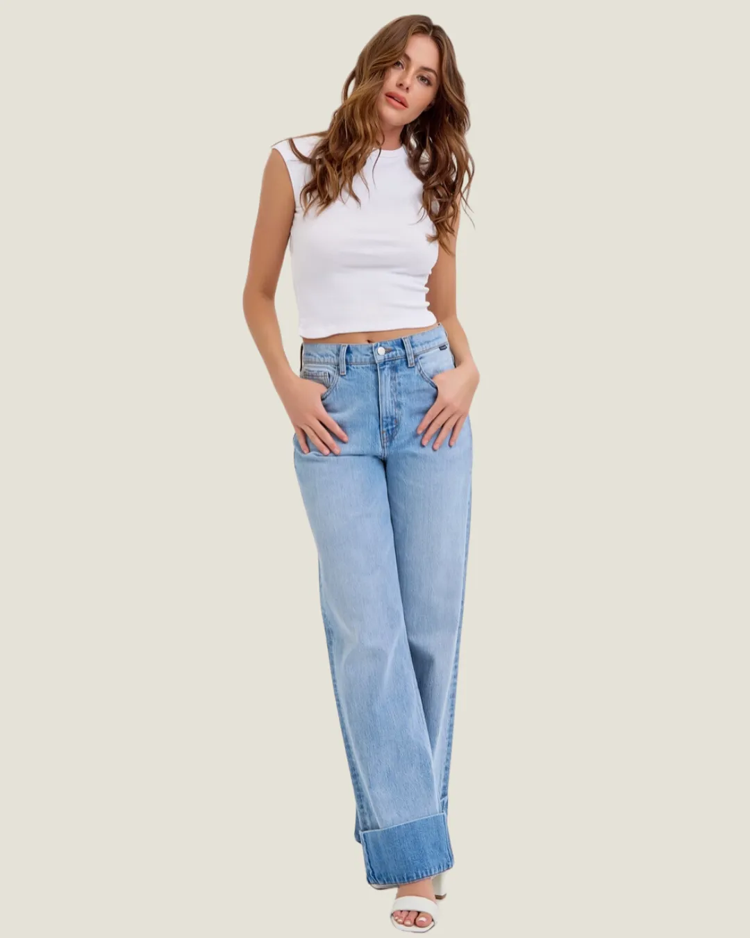 Light Wash Cuff Hem Jeans