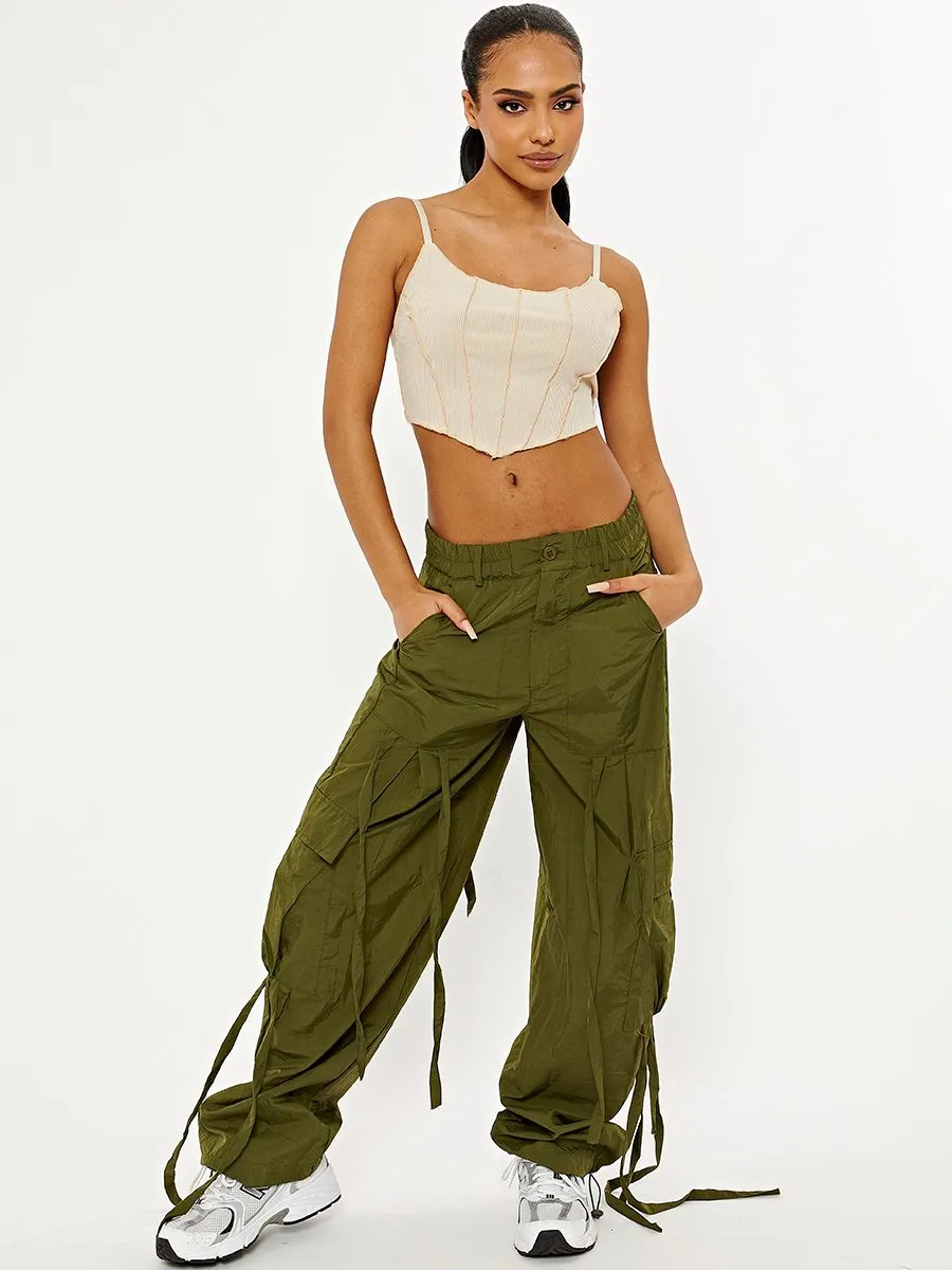 Lizzy Shell Parachute Pocket Detail Cargo Trousers In Khaki