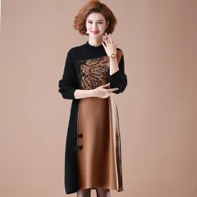Long Sleeve Knee Length A-line Floral Knit Dress with Frog Buttons