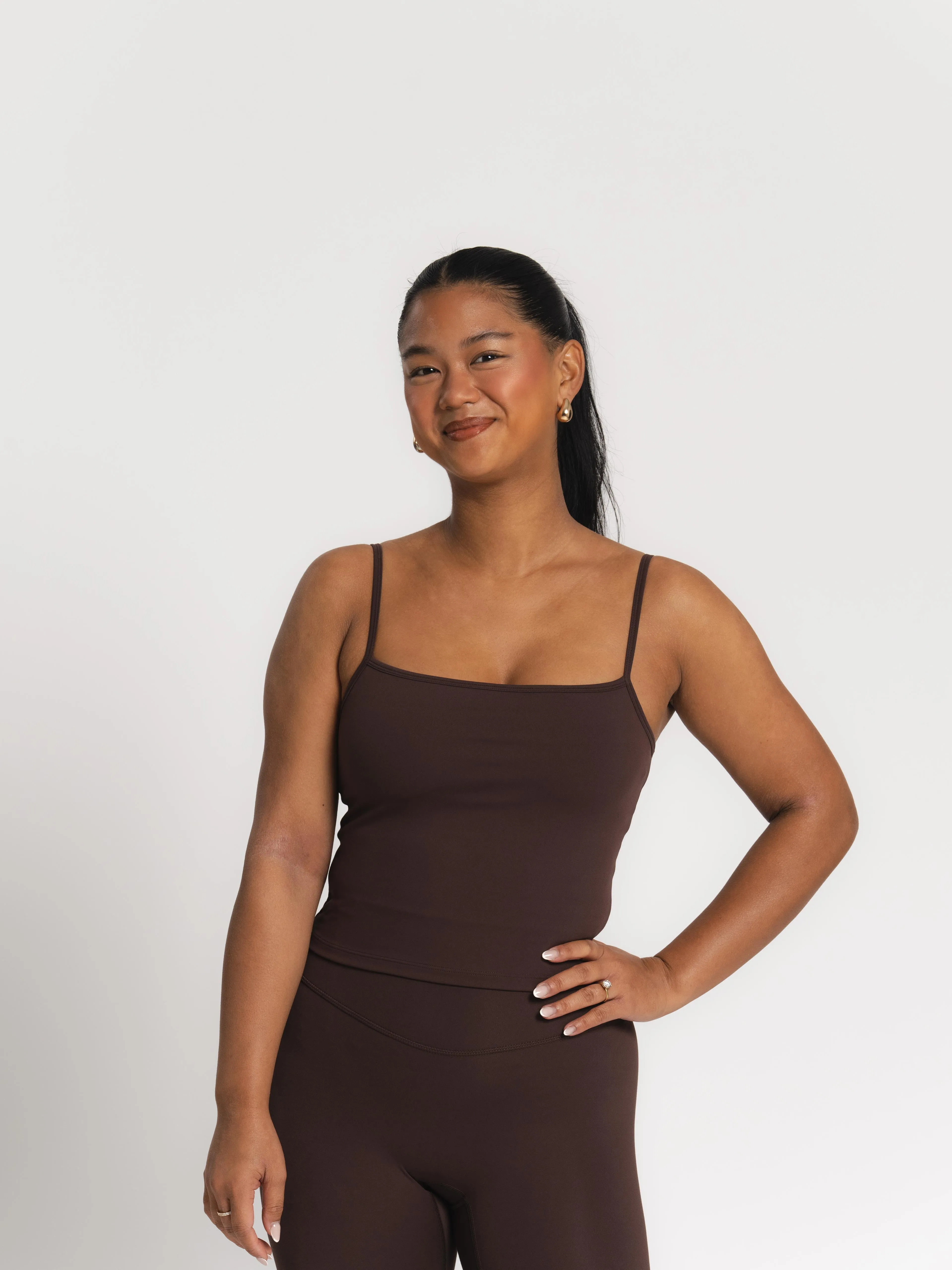 Lux Built-In Strappy Tank Top - Espresso
