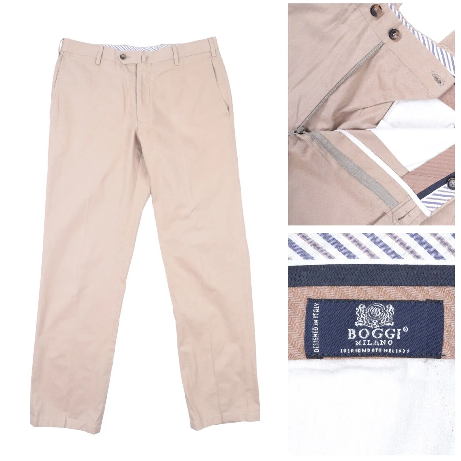 Men's BOGGI Milano Beige Miani Cotton Chino Pants Casual Trousers Size 48 IT