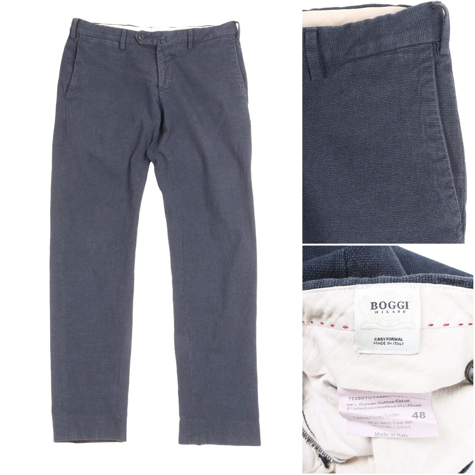 Men's BOGGI Milano Blue Cotton Chino Pants Casual Trousers Size 48 IT