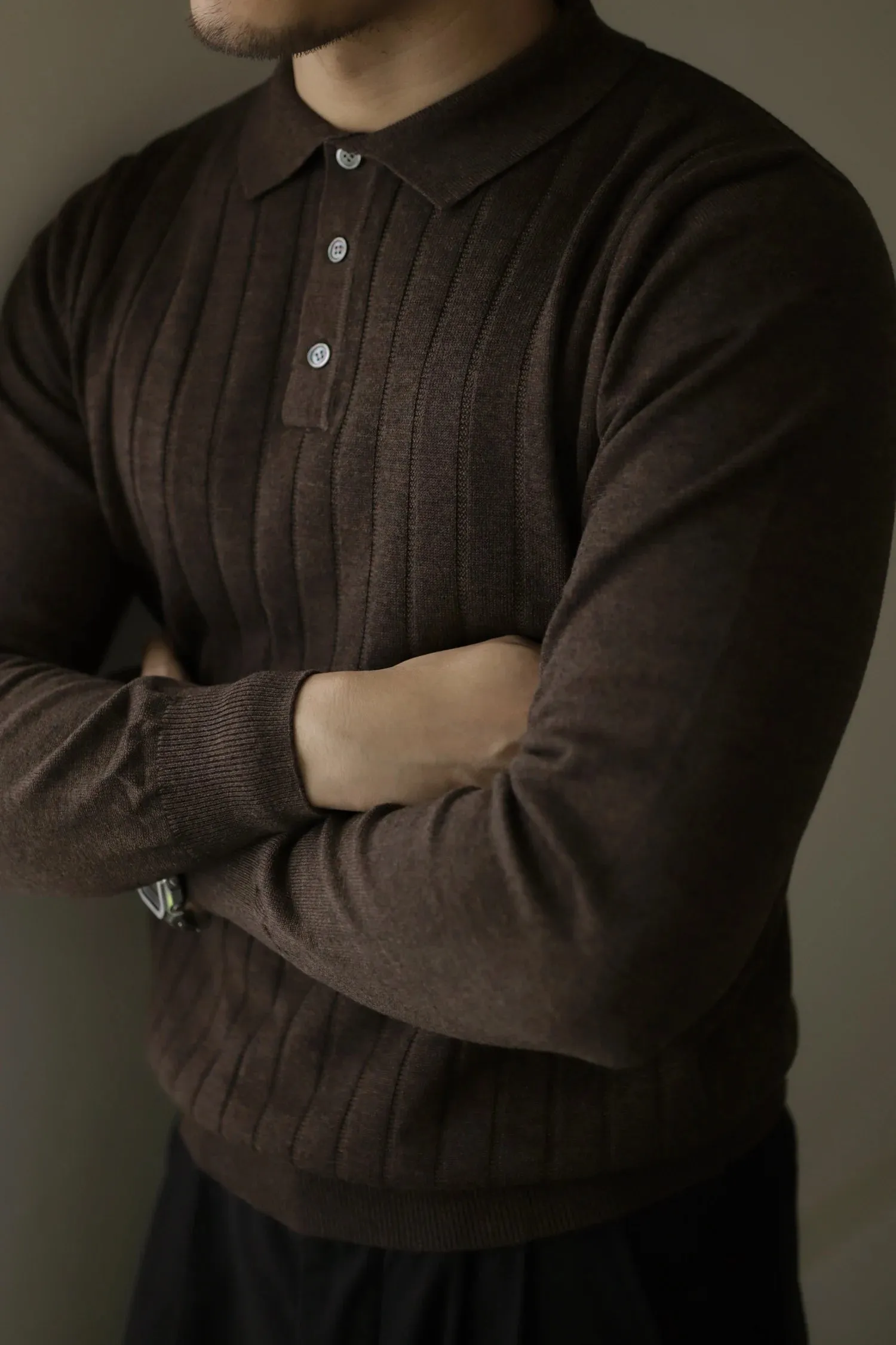 Men's Knitted Polo Shirt with Long Sleeves - Preppy Style