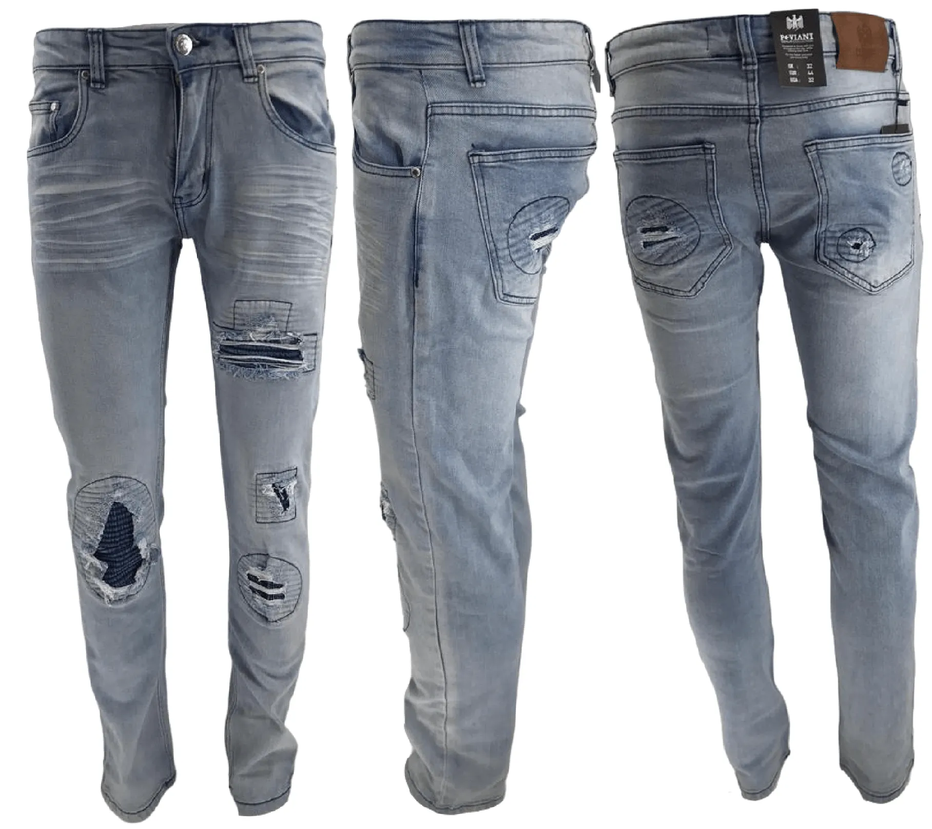 Men's Ripped Jeans Light Blue Men Peviani Carrot Fit Jean Designer Slim Patchwork Biker Denim Trouser Jeans Pants