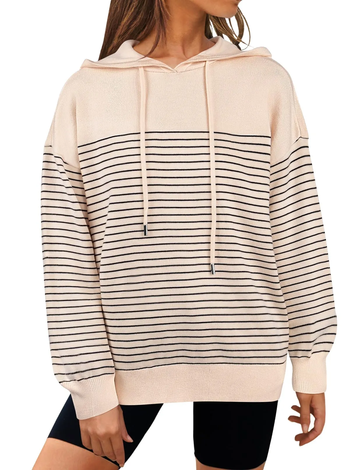 MEROKEETY Striped Sweater Hoodies Loose Pullover Sweatshirts